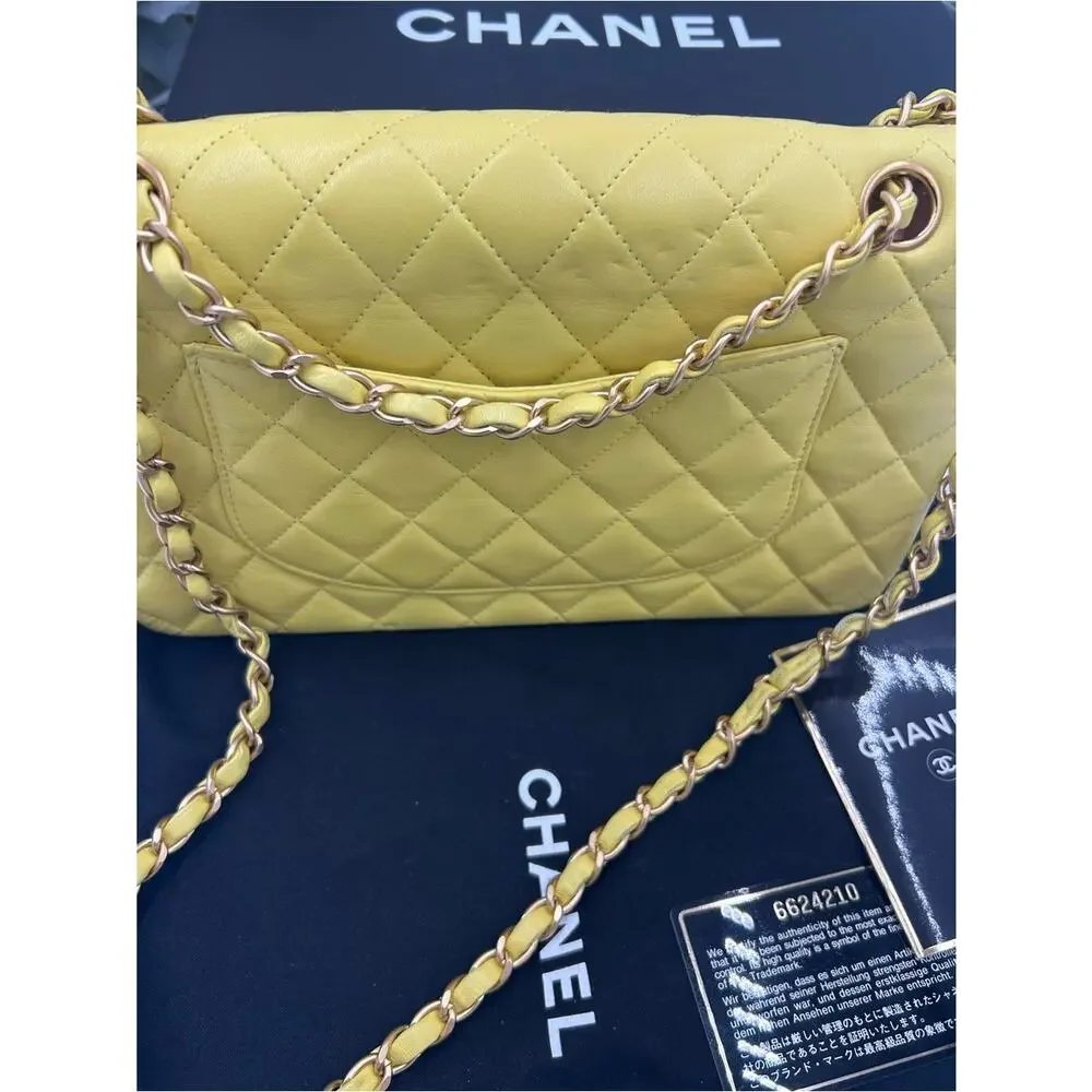 Women's Chanel Classic Quilted double Flap Bag in Yellow with Gold Hardware